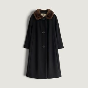 Rothmoor Vintage Black Wool Blend A-Line Coat Faux Fur Collar Scottie Dog Charm